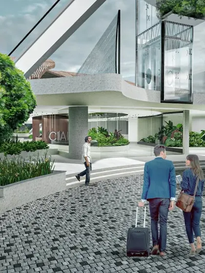 This entrance at Cochin International Airport (CIAL) was designed with a futuristic architectural language. My landscape plan complements this with cobblestone pathways, a sculptural 'Deepam' element, and lush, tropical planting to ground the modern design in Keralan tradition.