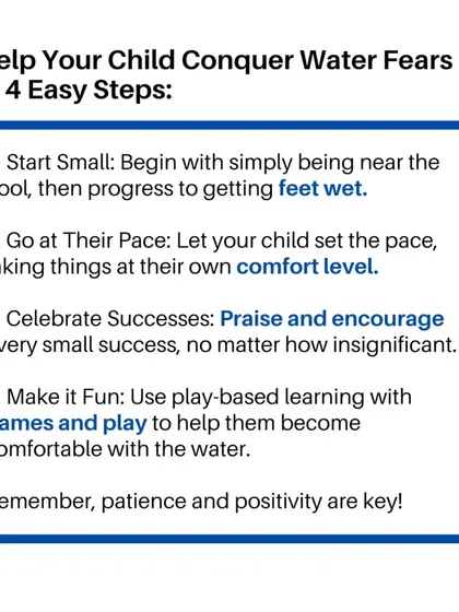 Here are 4 easy steps to help your child conquer water fears. We start small, go at their pace, celebrate every success, and make it fun with games. Patience and positivity are the key ingredients.