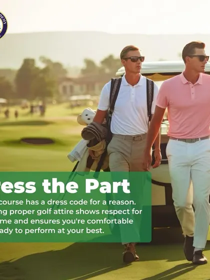 An Image of Two Golfers with an Etiquette Tip: Dress the part. Every course has a dress code for a reason. Wearing proper golf attire shows respect for the game and ensures you are comfortable and ready to perform.