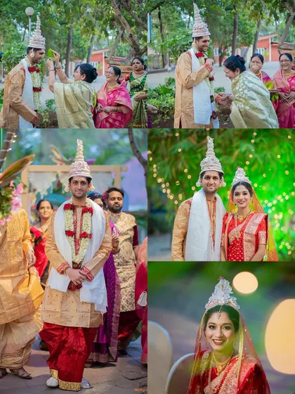 A collage capturing the groom's arrival and the couple's portraits at a traditional Bengali wedding.