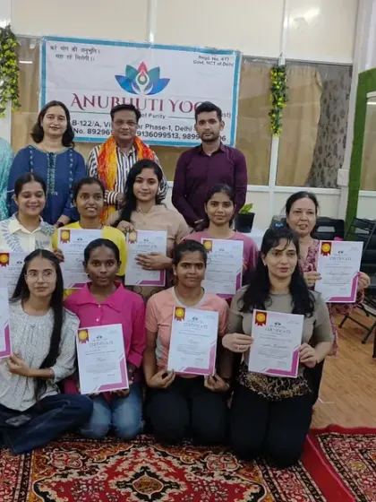 Another group of happy graduates from Anubhuti Yog. Each student's journey is unique, and I provide personal guidance and counseling to help them achieve their specific career goals.