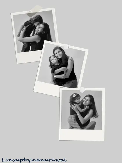 A duplicate of image 15, this collage of three black and white polaroid-style photos captures the loving and playful hugs between a mother and her daughter.