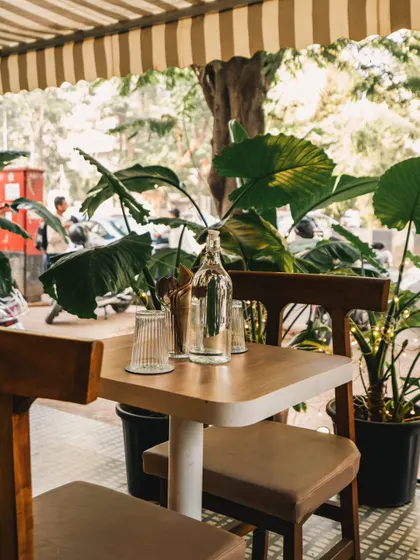 The outdoor seating at Stand By Coffee, surrounded by lush plants. This shot highlights a different aspect of the cafe experience, appealing to customers who prefer an airy, green environment.