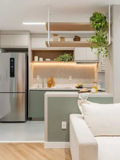 A view of the open kitchen from the living room, showing how a partial wall can create a sense of separation while maintaining an open feel. The hanging plants add a touch of nature.