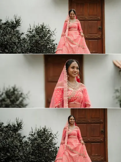 A three-panel collage of a bride in her beautiful pink lehenga, capturing her graceful movements.