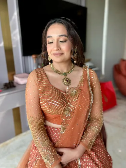 A close-up of the Garba night makeup, with warm-toned eyeshadow and a flawless base.