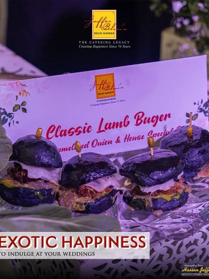 Exotic happiness to indulge in at your weddings. Our Classic Lamb Burgers, served in charcoal buns with caramelized onions, offer a gourmet twist on a beloved comfort food.