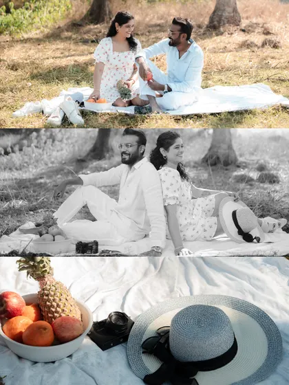 A collage showing different aspects of a picnic-themed shoot, from the couple sharing fruit to a detail shot of their picnic setup. It tells the full story of their romantic day outdoors.