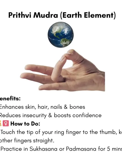 Prithvi Mudra, representing the earth element, is practiced by touching the tip of the ring finger to the thumb. It is believed to enhance skin, hair, and bones, and boost confidence.