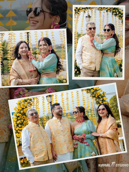 A collage of heartwarming family portraits from the Haldi ceremony, capturing moments with parents.