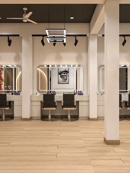 A wider view of the salon 3D design, showing the main styling area. I used clean lines, track lighting, and large, well-lit mirrors to create a functional and professional workspace for the stylists.