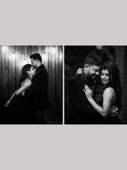 A black and white diptych of the couple sharing intimate embraces during their evening pre-wedding shoot.