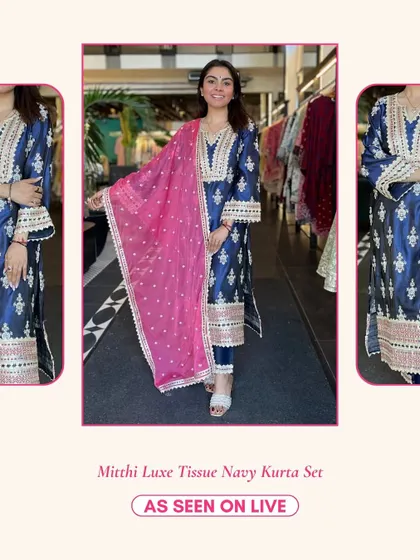 The Mitthi Luxe Tissue Navy Kurta Set is a rich and elegant choice. The tissue fabric gives it a beautiful sheen, perfect for evening events.