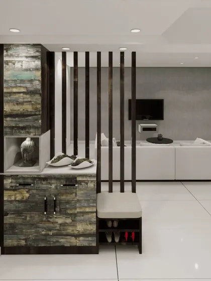 A 3D render of a foyer design with a rustic, industrial feel. The unit combines a shoe rack with seating and a partition made of vertical wooden slats and distressed-finish laminates.