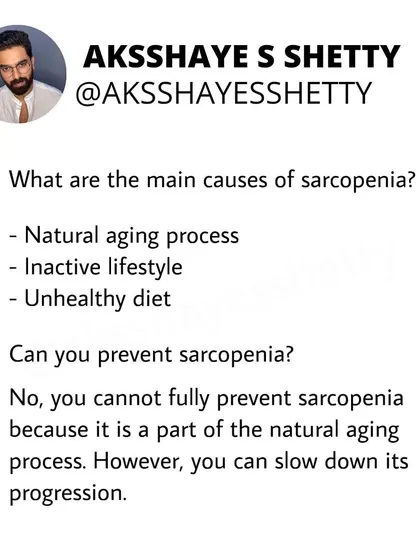 Sarcopenia, or age-related muscle loss, is mainly caused by the natural aging process, an inactive lifestyle, and an unhealthy diet. You can't fully prevent it, but you can slow it down.