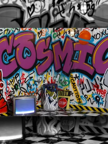 This is the main graffiti set I designed for Cosmic Studios in Hauz Khas Village. It features their brand name in a bold purple wildstyle, surrounded by tags, characters, and props for photoshoots.