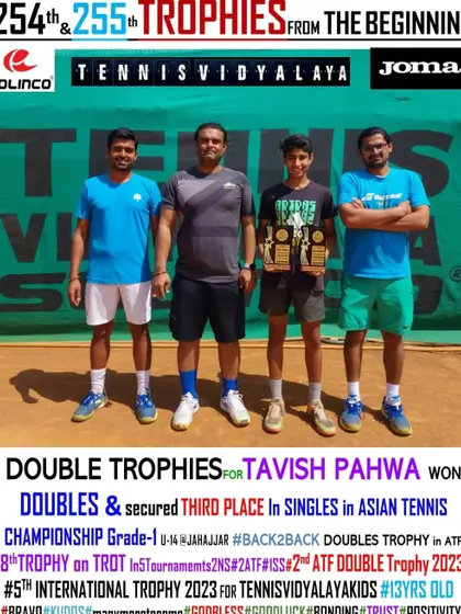 Double trophies for Tavish Pahwa, winning doubles and securing third place in singles at the Asian Tennis Championship.