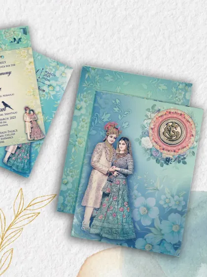This blue wedding invite features a beautiful bride and groom illustration. You can style it in multiple ways to match your wedding theme.