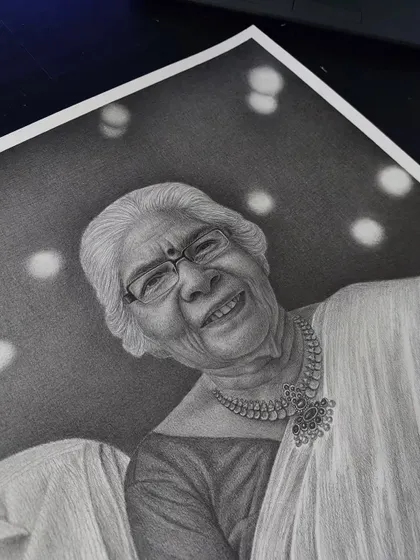 A detailed close-up of the grandmother's portrait from the Kerala couple sketch. I love capturing the stories written on the faces of elders.