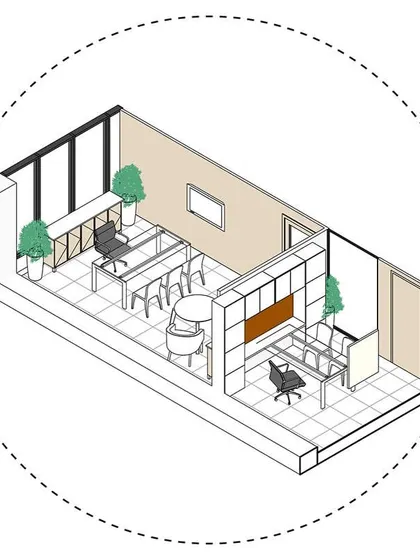 This axonometric drawing details a corner cabin and adjacent workstations in the IHCL office. It illustrates how we integrate private offices with open-plan areas while maintaining a cohesive design.