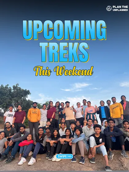 An "Upcoming Treks" poster showcasing a large, happy group on a sunny day.