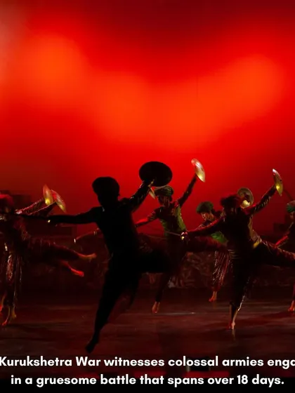 The Kurukshetra war was a colossal battle spanning 18 days. In our production, we use powerful, energetic choreography and dramatic lighting to depict the scale and intensity of the conflict that arose from the injustice done to Draupadi.