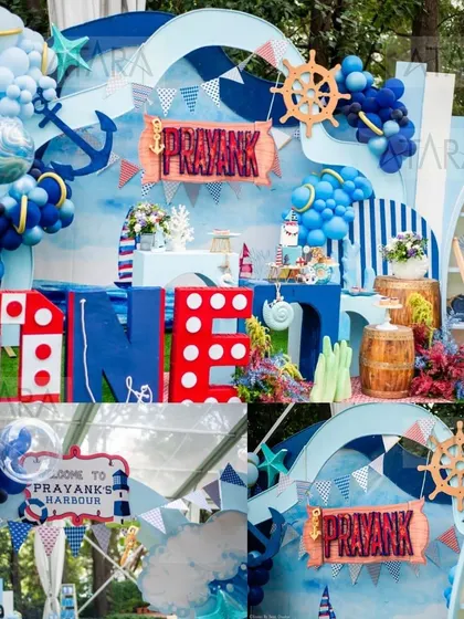 A collage of a nautical-themed first birthday party. It shows the grand 'ONE' letters, the main backdrop with waves and a ship's wheel, and the welcome sign, giving a full view of the setup.