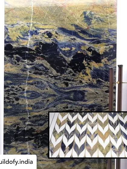 We used a spectacular slab of Lapis Lazuli as a feature wall in the master bedroom. The deep blues and gold veins of the stone, paired with a custom brass and marble inlay floor, create an atmosphere of pure opulence.