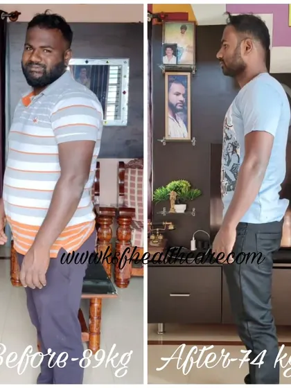A side profile view of Mr. Devraj's transformation. Notice the significant reduction in belly fat and improved posture. This is a direct result of a consistent, natural diet and a structured exercise plan, without any crash diets or powders.