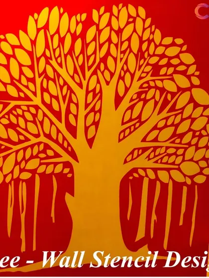 A bold and symbolic Tree of Life stencil in gold against a vibrant red background. This design makes a powerful statement and is perfect for a feature wall in a living room or meditation space.