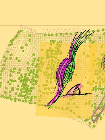 A site analysis sketch, where I overlay my initial design thoughts onto the land's topography. This helps me ensure the building responds thoughtfully to its specific site and natural features.