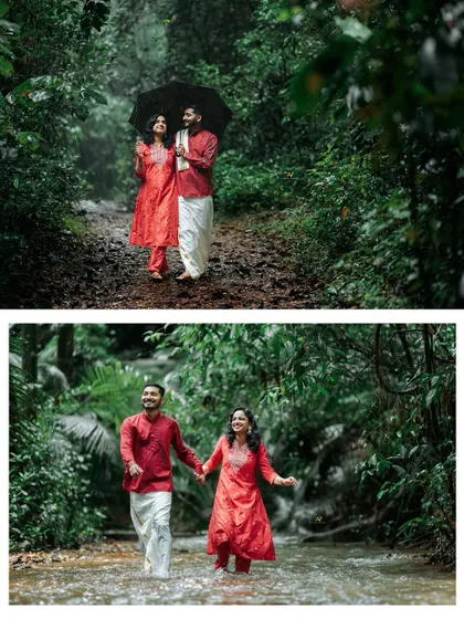 A collage showing a couple walking under an umbrella in a downpour and wading through a stream, embracing the adventure of a rainy day shoot.