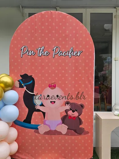 A "Pin the Pacifier" game board for a teddy bear-themed baby shower. The cute graphics and pastel colors make it a fun and visually appealing activity for guests.