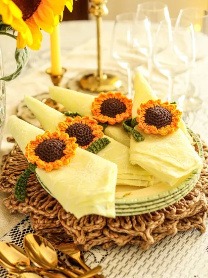 A plate of my sunflower napkin ties, ready to adorn a festive table.