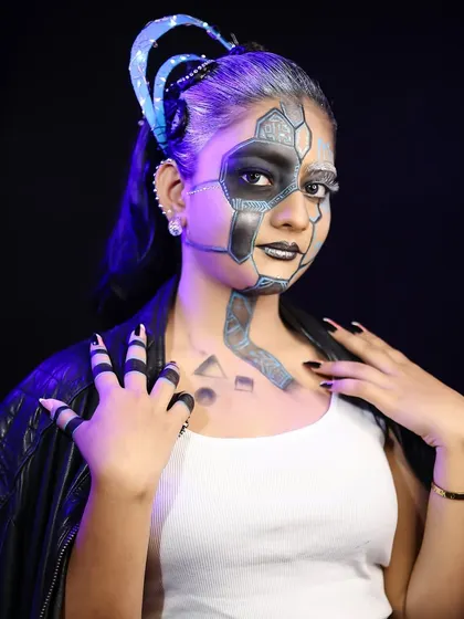 A full-body shot of the cyberpunk character, showing how the makeup integrates with the costume.