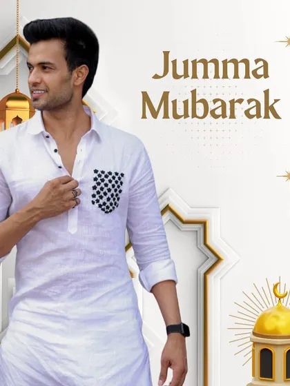 Jumma Mubarak. A model in a modern white kurta with a checkered pocket, ready for Friday prayers. This outfit is a perfect blend of contemporary style and traditional observance.