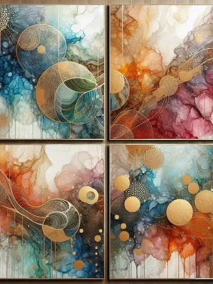 A collection of four-panel artworks created with colorful alcohol inks and gold leaf accents. These sets offer a vibrant and ethereal quality, perfect for dining rooms or bedrooms where you want a splash of color and light.