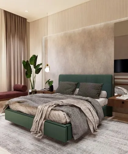 A 3D render of one of the bedrooms, showcasing our vision for a tranquil space with a green upholstered bed, a cozy reading bench, and a textured feature wall.