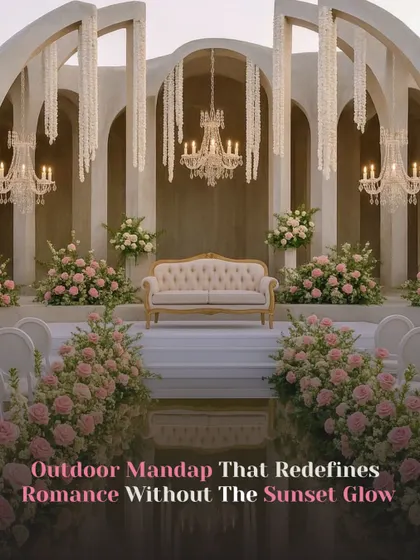 This concept shows an "Outdoor Mandap That Redefines Romance" without relying on a sunset. The architectural arches, chandeliers, and soft florals create a magical evening setting.