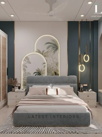 The focal point of this bedroom is the beautiful headboard wall, featuring two arched panels with a delicate botanical design. The hanging pendant lights add a touch of modern elegance.