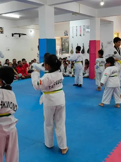 A mixed-belt class practicing together.