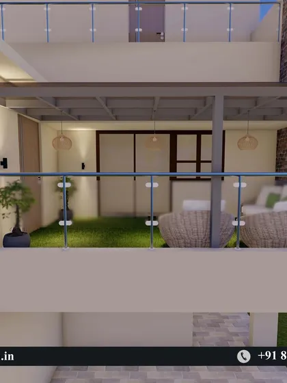 An exterior view of the balcony design, showing how the pergola and glass railing create a modern and inviting space.