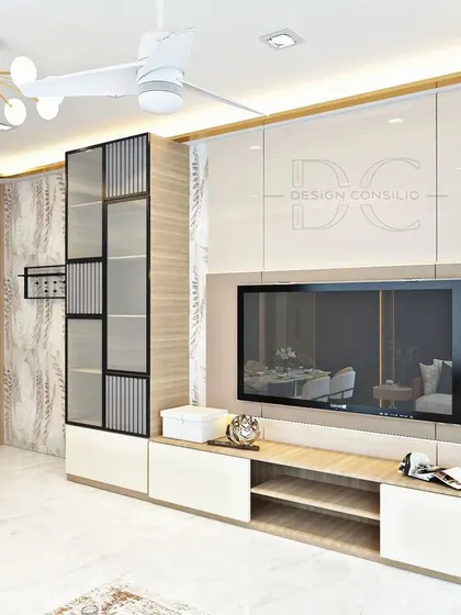 A bright and airy living room design. The TV unit features a mix of wood and white finishes, with a tall glass cabinet and curved open shelves for displaying decor. It's a perfect blend of open and closed storage.