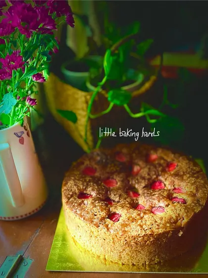 The very first strawberry cake of the season. This vanilla strawberry eggless cake, made with whole wheat flour, went to a little girl's school birthday party, and I heard the kids were overjoyed.