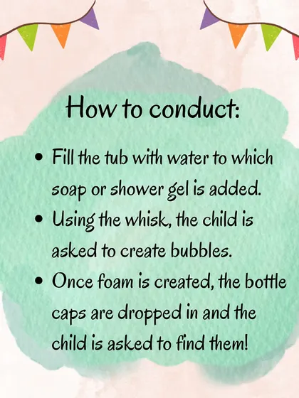 Make some "Bubble Soup"! This fun water play activity helps develop a child's pincer grip and problem-solving skills as they search for bottle caps in the bubbles.