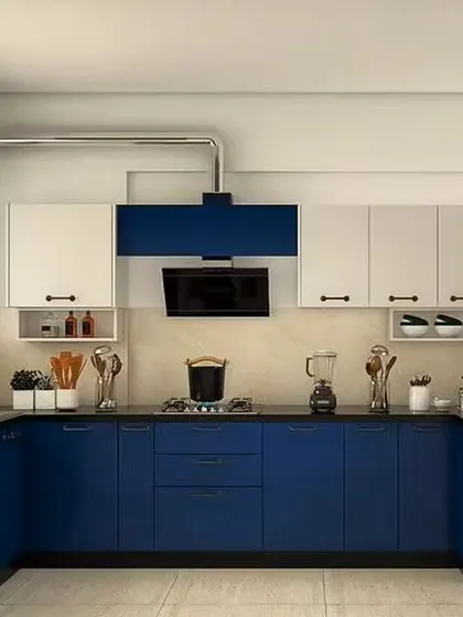A repeat of image 53, showing the U-shaped kitchen with royal blue cabinets.