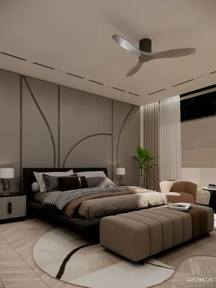 Another bedroom from the Meraki project, showcasing a different interpretation of the curved wall motif. The design is clean and contemporary, with a focus on texture and subtle detailing.