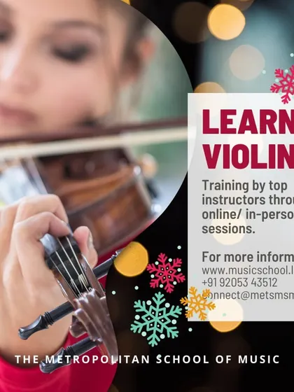 Learn the violin with our top instructors through either online or in-person sessions. This image captures the elegance and focus required to master the instrument, a journey we guide you on every step of the way.