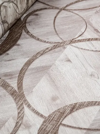 A page from our catalog featuring a wood-texture wallpaper with swirling circular patterns. Our collections are filled with unique designs that you won't find anywhere else.