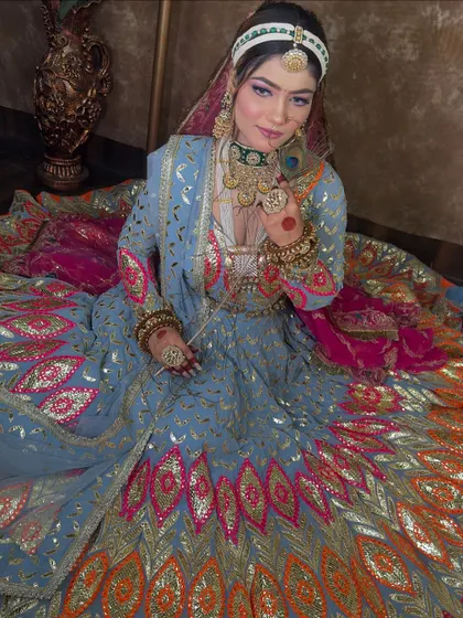 Another beautiful shot of the multi-color embroidery on this unique blue lehenga. It’s a piece that is sure to get you lots of compliments.